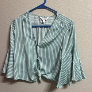 LC Lauren Conrad Green and White Bell Sleeve Crop Blouse